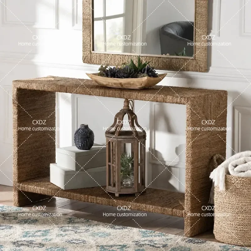 Ultra Narrow Wabi Sabi Style Retro Solid Wood Entryway Table Wall Mounted Console with Hemp Rope and Rattan Decoration for