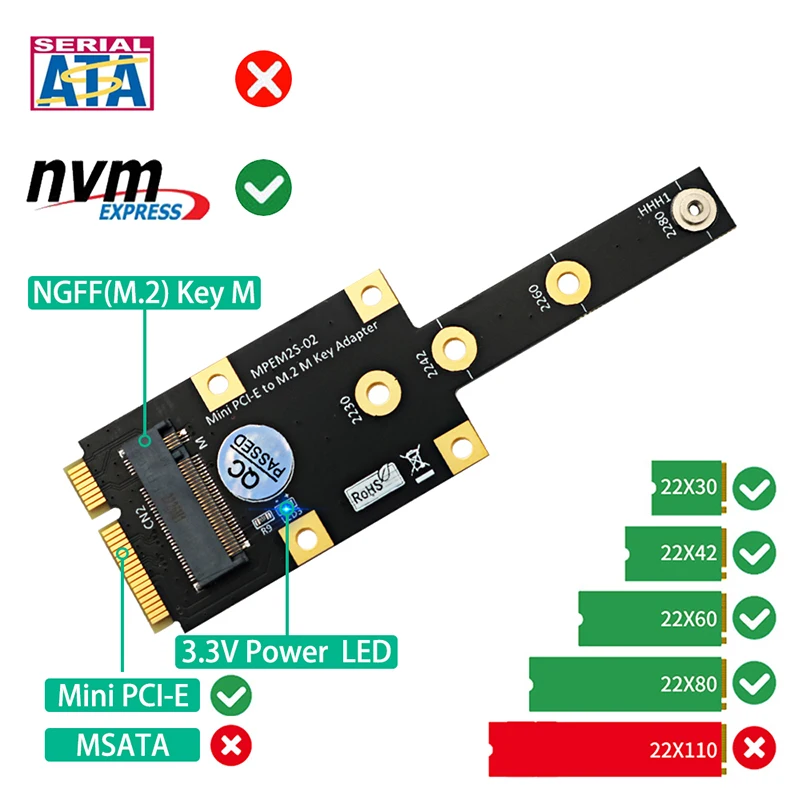 미니 PCI-E-NVME SSD 어댑터, 미니 PCI 익스프레스-M.2 M 키 컨버터 라이저 보드 확장 카드, 2230 2242 2260 2280 M2 SSD용