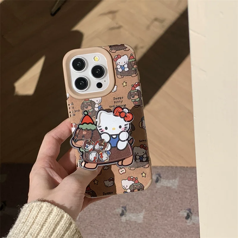 Cute Pet Dog Hello Kitty Bow leather Silicon Soft + KT Stand Phone Case For iPhone 13 12 14 15 16Pro Max KT Cartoon Shake Holder