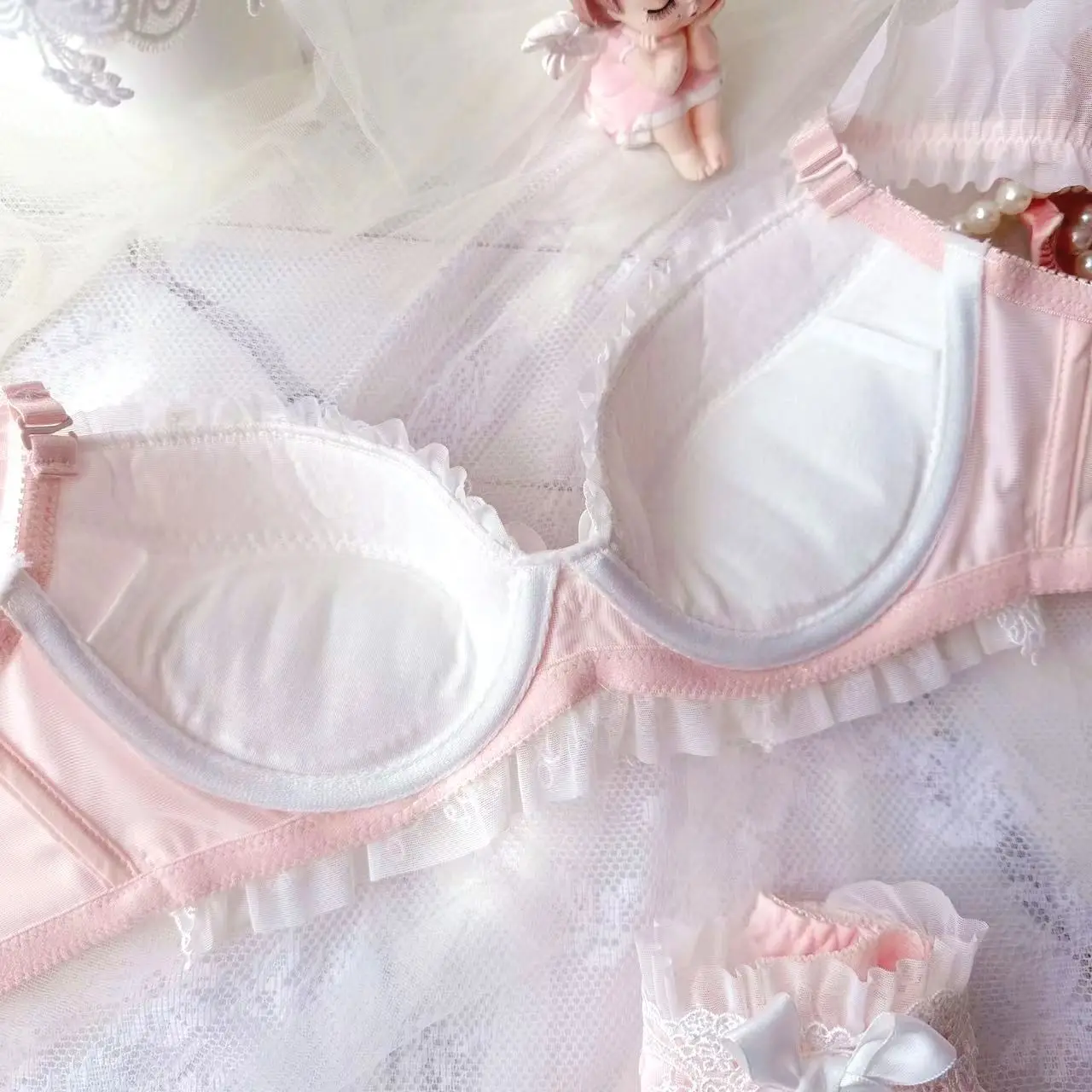 Japanese Lolita Cute Sexy Lingerie Bra Set Water Soluble Embroidery Thin Cup Women