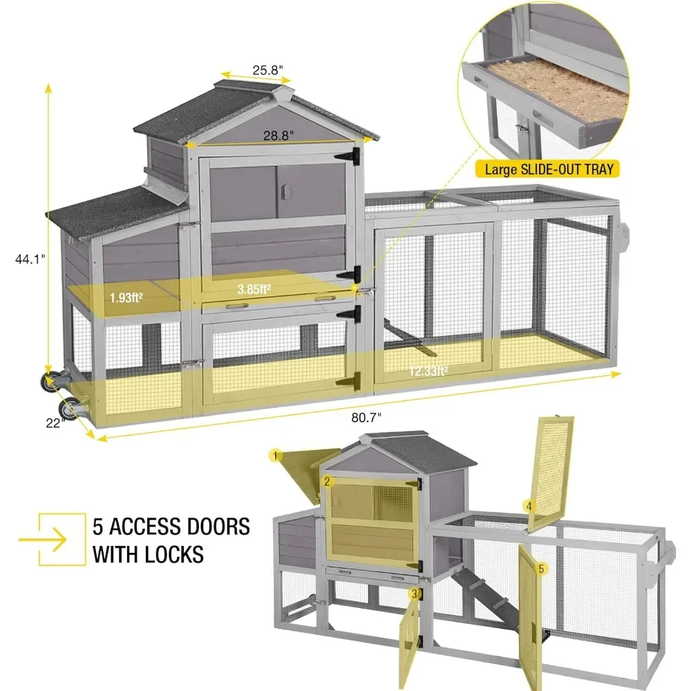 Chicken Coop Expandable Mobile Chicken House for Outdoor w/ Wheels, Nesting Box, Leakproof Pull-on Tray &UV-Resistant Roof Panel