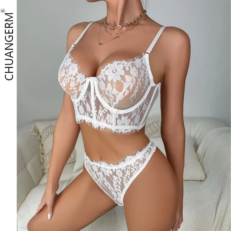 CHUANGERM Transparent Sexy Lingerie Bra Set Women 2 Piece Lace Underwear White Sensual Wedding Intimate Porn Erotic Outfits Gift