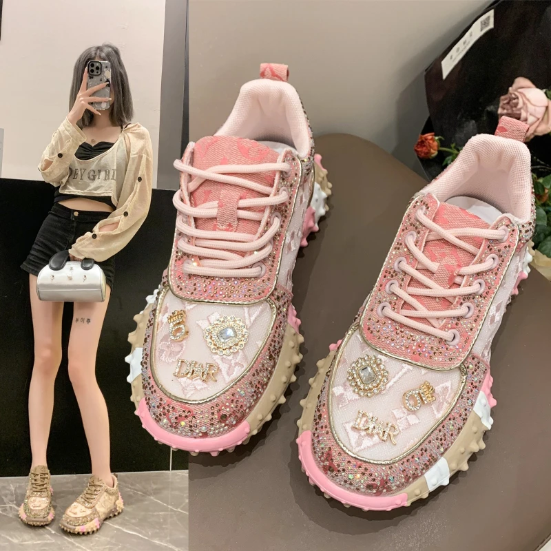 High Appearance Level Thick-soled Mesh Cloth Rhinestones Fashion All Comfortable Non-slip Breathable Sports Women's Single Shoes