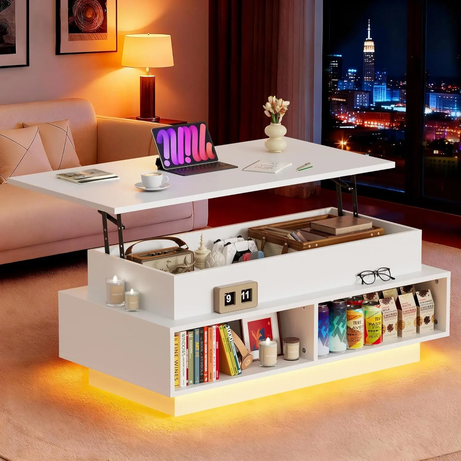 

40" Modern Lift Top Coffee Table With Storage & 4 Bottom Shelves, Square Wooden Center Table With LED Lights, Rising Dining Tabl