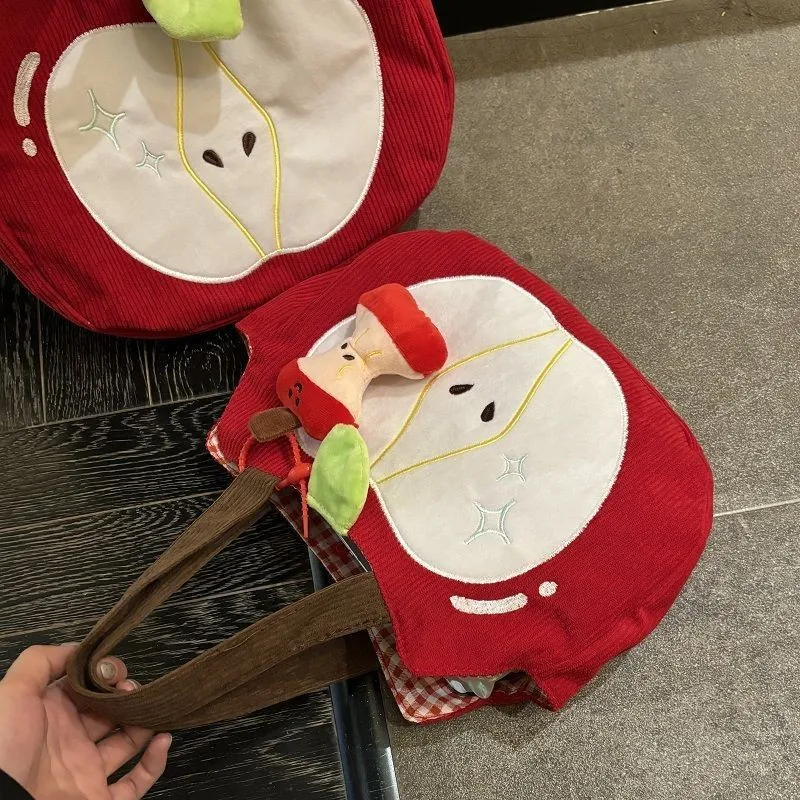Red Apple Handbag Creative Cute Corduroy Shoulder Bag Stylish Outing Canvas Bag With Apple Pendant Casual Versatile Shoulder Bag
