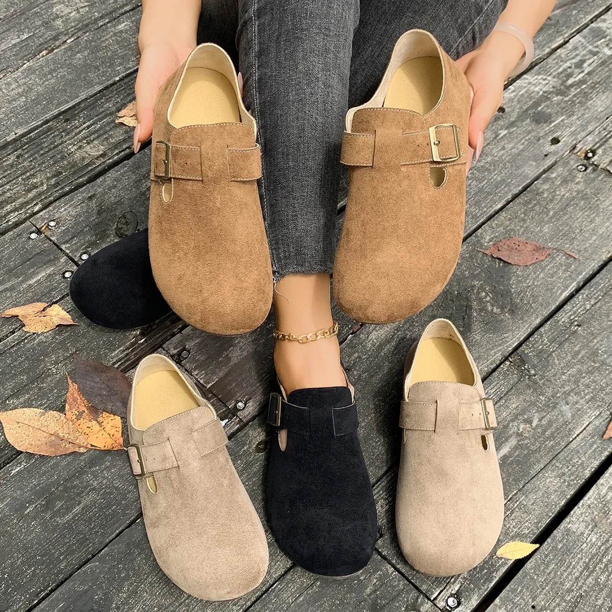 

Женская обувь на одинарной плоской подошве, модные замшевые лоферы с круглым носком, 2021, нескользящие кроссовки на мягкой подошве с металлической пряжкой, женские Zapatos De Mujer