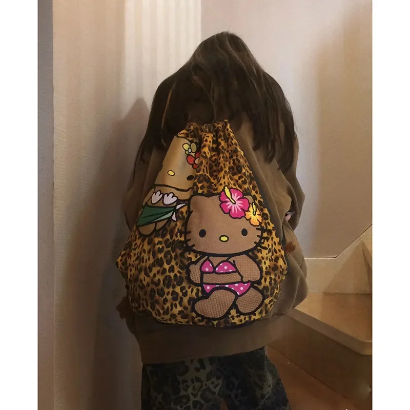 Kawaii Hello Kitty Plush Leopard Print Storage Bag Phone-Bag Drawstring Crossbody Bags Cute Girl Cosmetic Storage Shoulder Bags