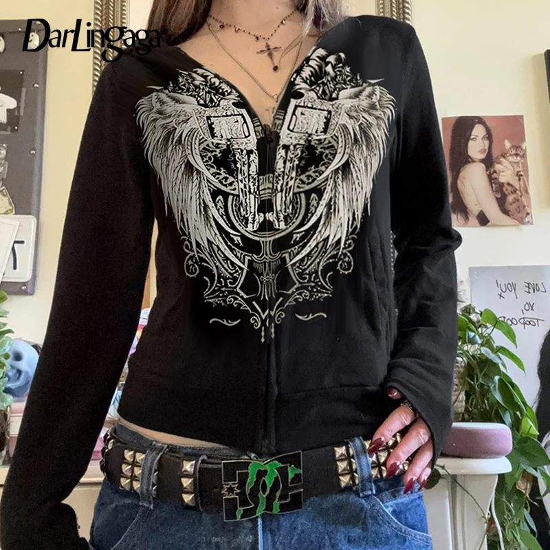 Darlingaga Gothic Dark Wings Printed Slim Jackets For Women Zip-Up Autumn Hooded Outwear Y2K Harajuku Streetwear Vintage Coats