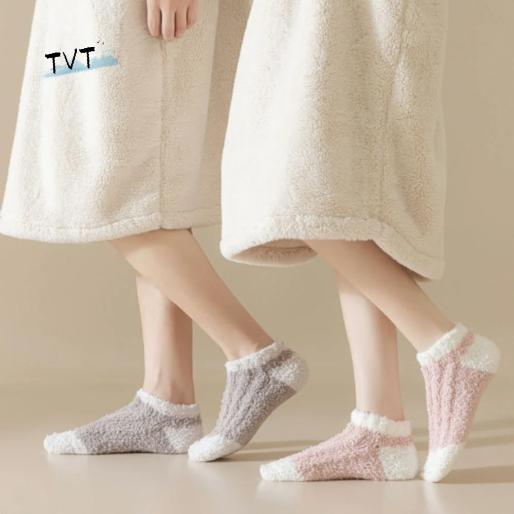 

3Pairs Thickened Coral Fleece Socks Winter Sleeping Floor Plush Socks Simple Hosiery Warm Boat Socks Women For Female Men