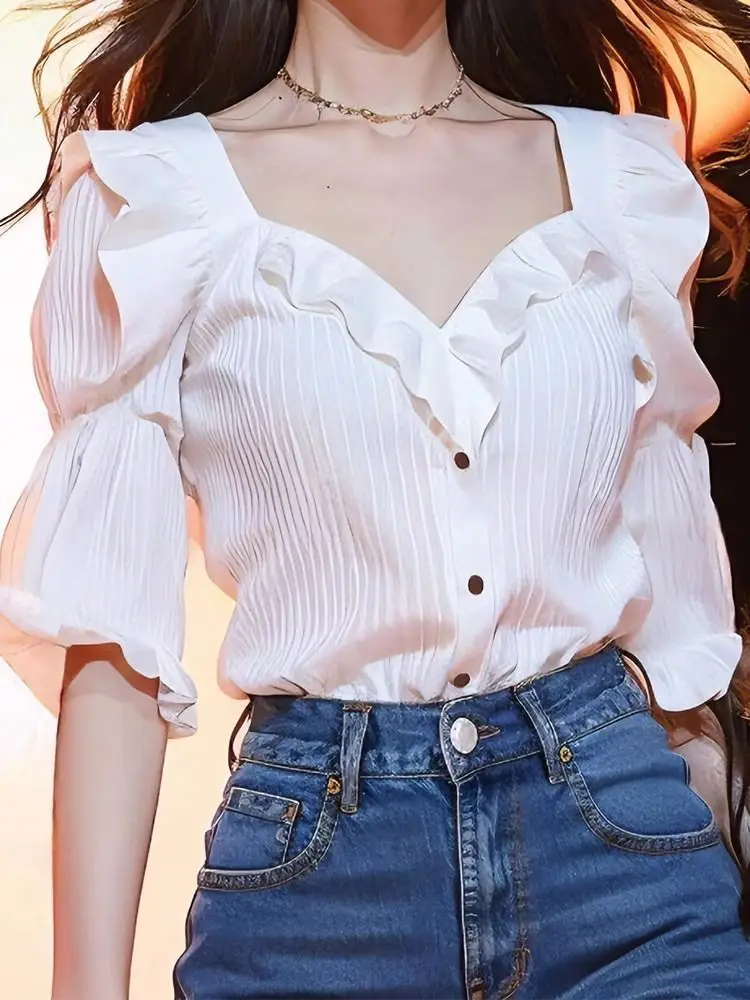 French Elegant Shirts V Neck Puff Sleeve Solid Color Ruffles Patchwork Single Breasted Blouses Summer All Match Women\'s Clothing