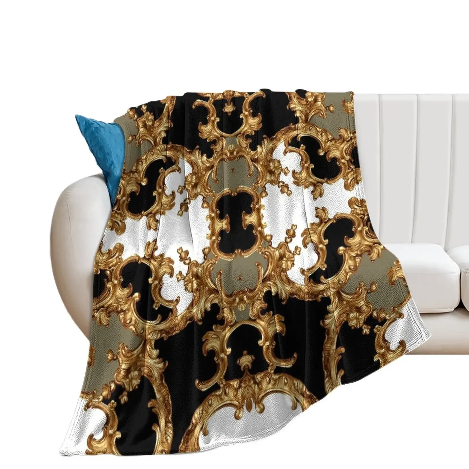 Golden ornamental baroque symmetrical Throw Blanket Hairy Thermal Hairys Blankets