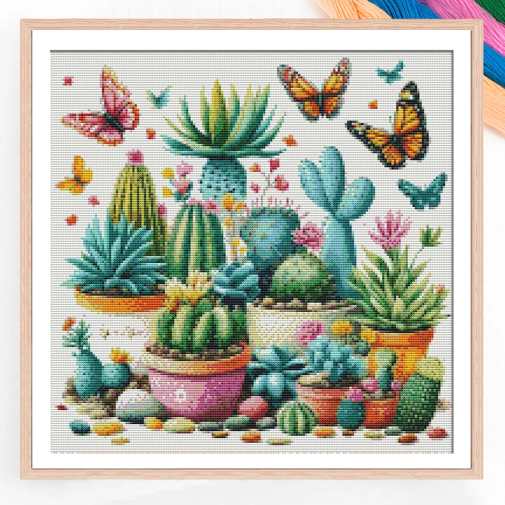 

Набор для вышивания крестиком «Кактус в вазе с бабочками»: готовый комплект для вышивки цветов и животных, уникальный рождественский подарок, современный декор для дома