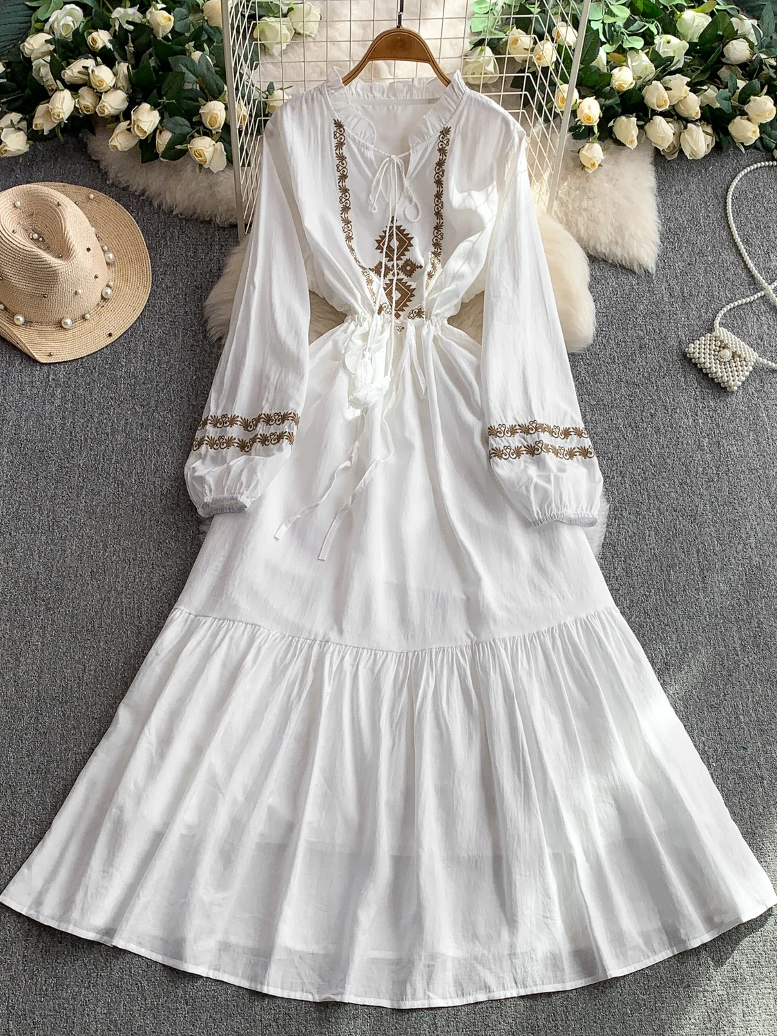 Ele المطرزة الوقوف طوق الدكتور المرأة الخريف Dstring الخصر التخسيس تنورة طويلة الفرنسية Sle عالية الخصر ألف خط الدكتور