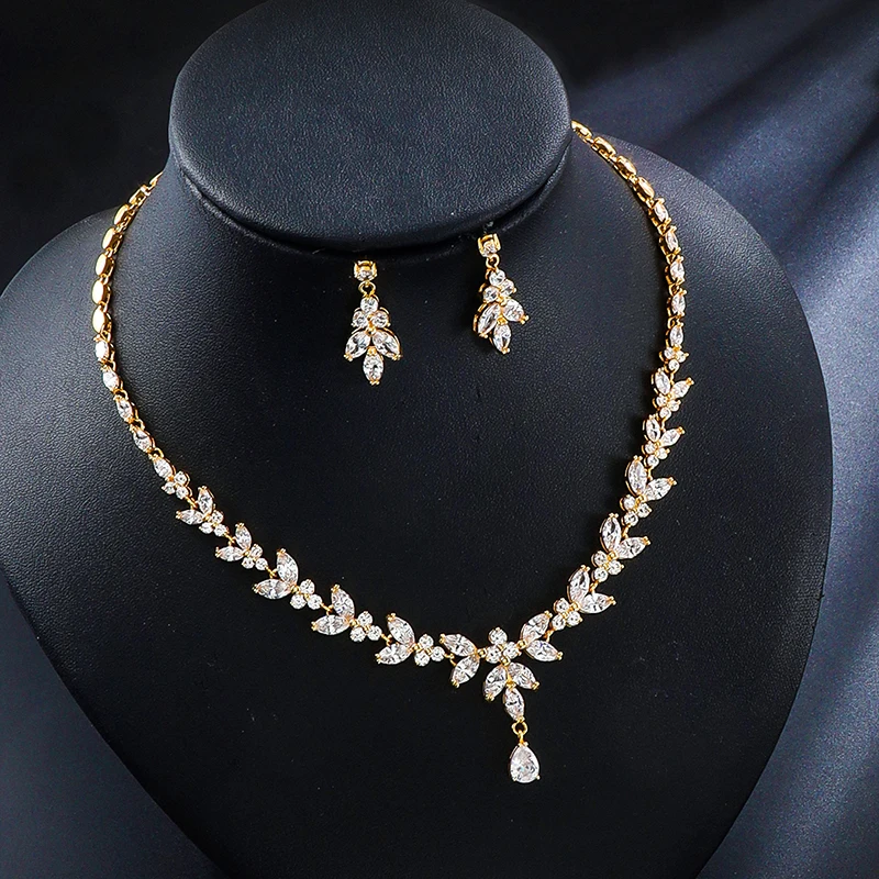 Baiduqiandu Cubic Zircon Leaf Plant Earrings And Necklace Set For Bride Wedding Jewelry