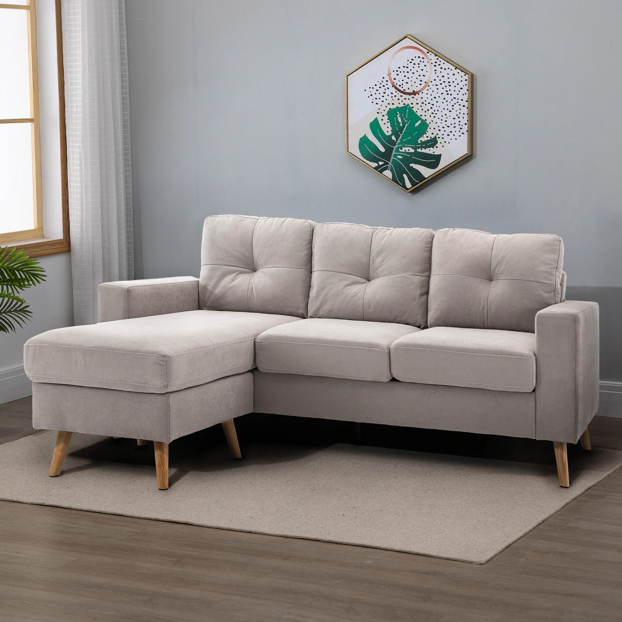 Canapé sectionnel en forme de L avec chaise longue pour 3 personnes, ensemble de canapés modernes en tissu lin pour salon, gris clair