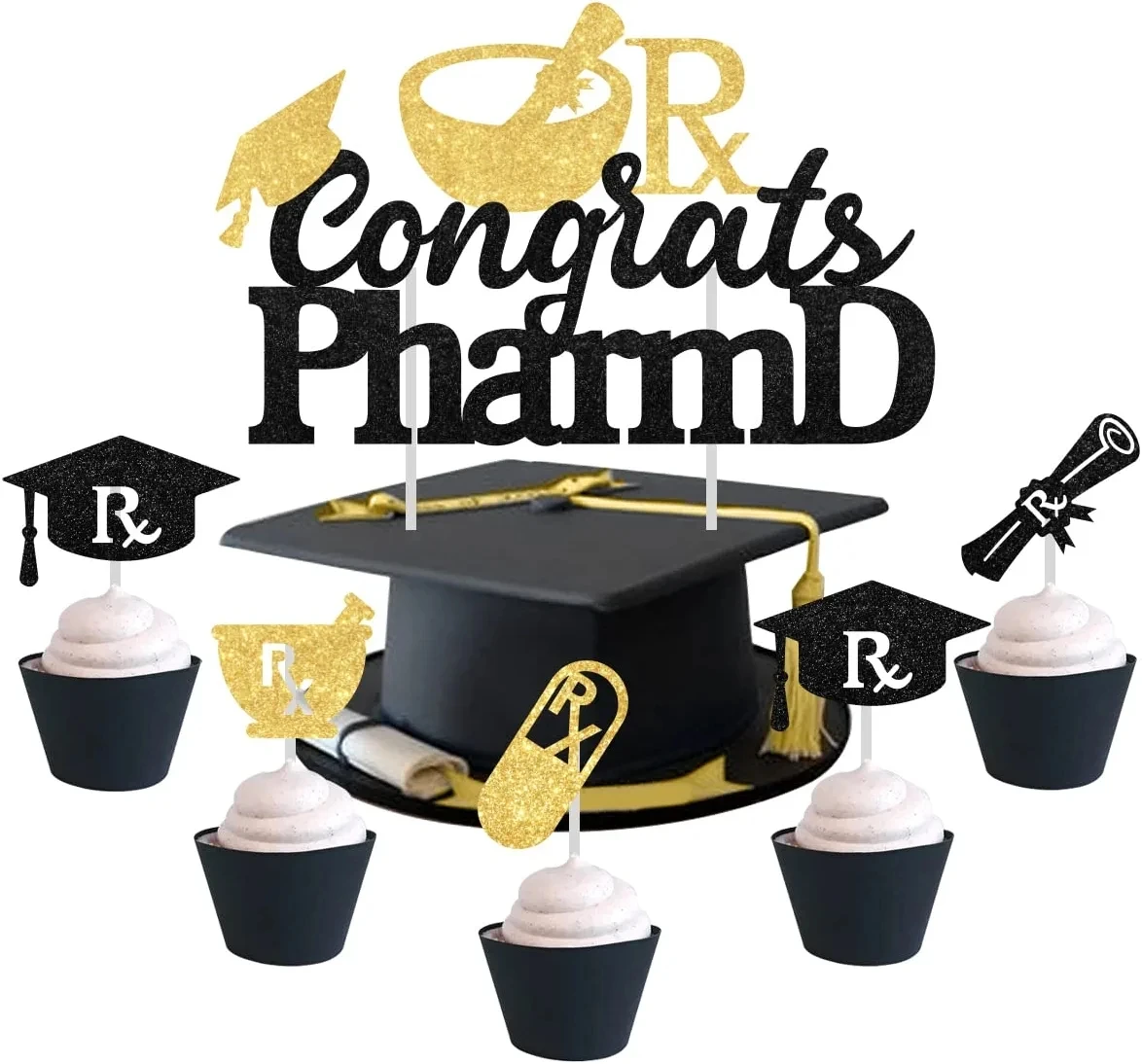 

Fangleland 25PCS Congrats PharmD Cake Topper Black Graduation Hat Cupcake Topper 2023 Pharmacy Graduation Party Decorations