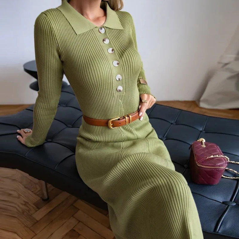 

Lapel Knit Dress 2025 Autumn and Winter Fashion Commuter Women's Long Skirt