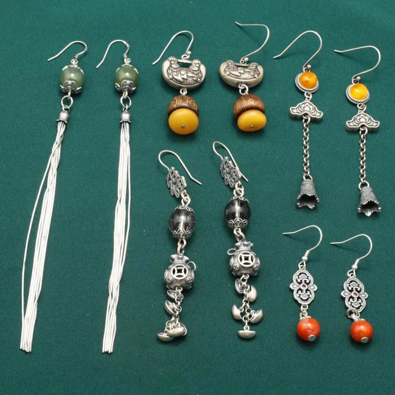 Langyan 925 Sterling Silver Bat Amber Money Bag Ruyi Lock Earrings for Women Retro Ethnic Style Long Earrings Jewelry EH261