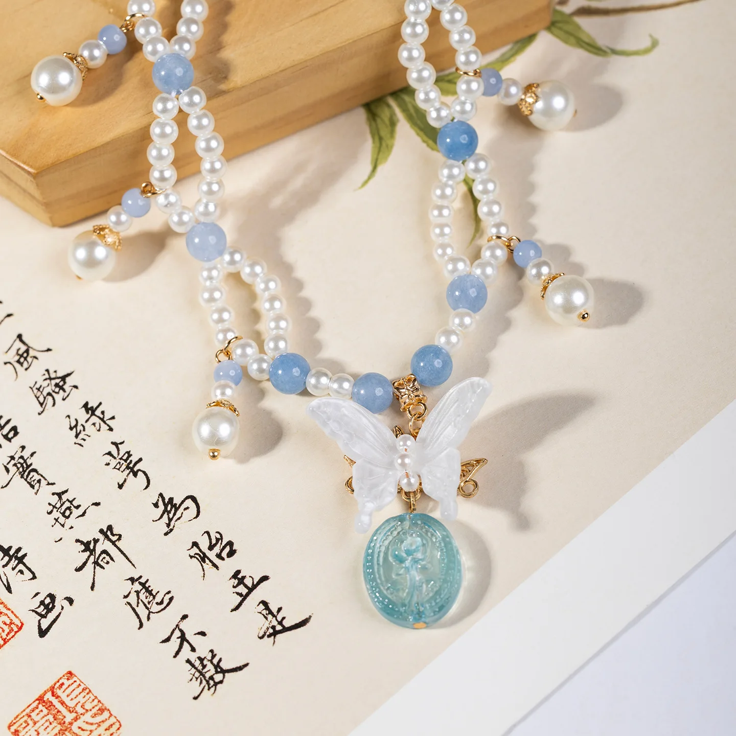 Chinese Style Double Layer Blue Butterfly Pearl Beaded Necklace For Little Girls Dunhuang Inspired Accessory For Hanfu Cheongsam