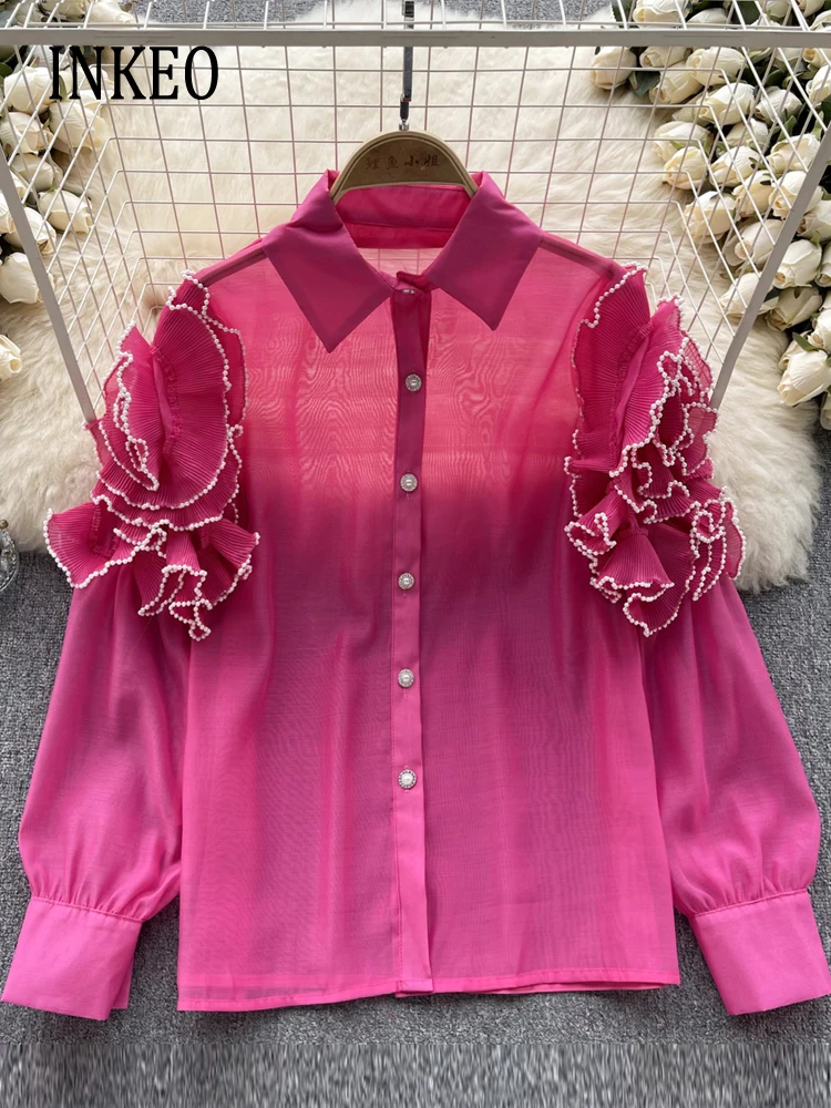 

Женская прозрачная блузка с длинным рукавом, с жемчугом