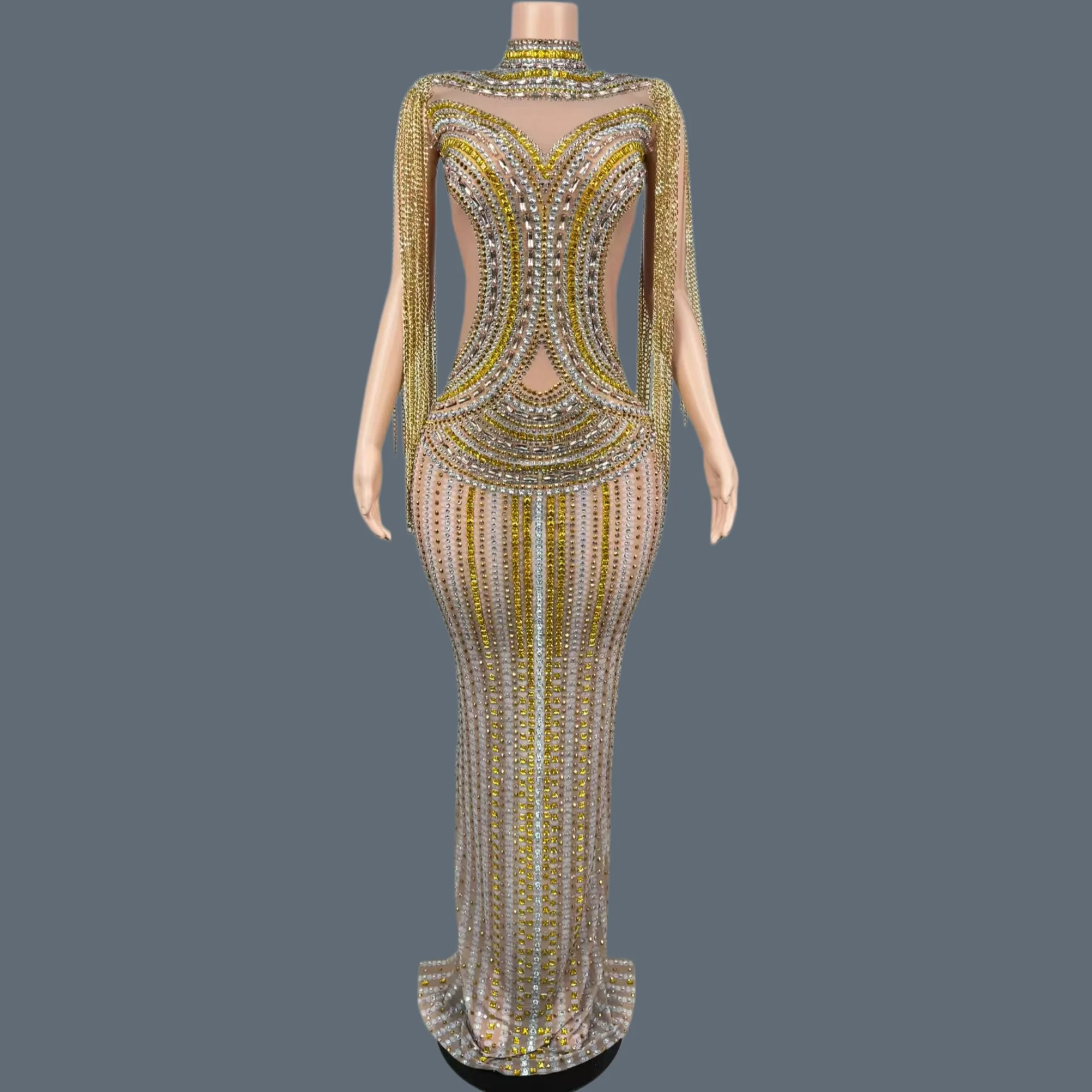 Luxury Sparkly Rhinestone Golden Tassel Evening Gown Women Party Prom Dress Gala Prom Formal Sexy Mesh Long Dress Shiguangji