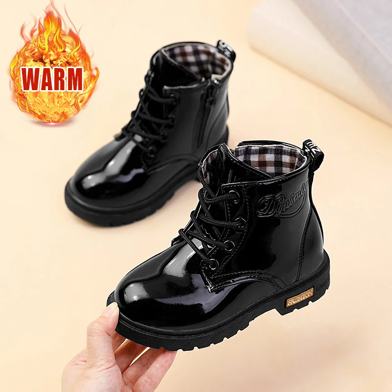 2025 New Winter Children Shoes PU Leather Waterproof Plush Boots Kids Snow Boots Brand Girls Boys Casual Boots Fashion Sneakers