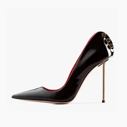 Arden Furtado Patent Leather Hollow Metal Thin heels Pumps Pointed toe Metal buckle Shallow Super high heel Sexy Single shoe
