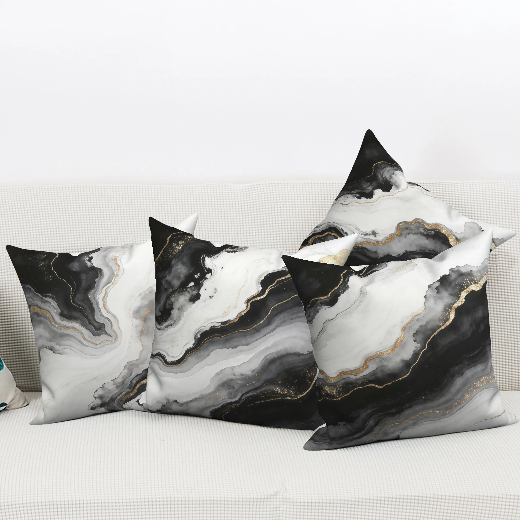 Luxury Marble Pillow Covers Set of 4 Black White Gold Ink Pillowcases Polyester Linen Material for Bedroom Living Room Decor