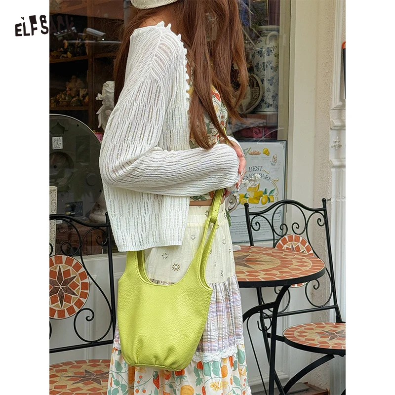 

ELFSACK 2025 Autumn New Arrival Casual Minimalist Glossy Asymmetrical Bucket Bag Shoulder Bag Simple for woman