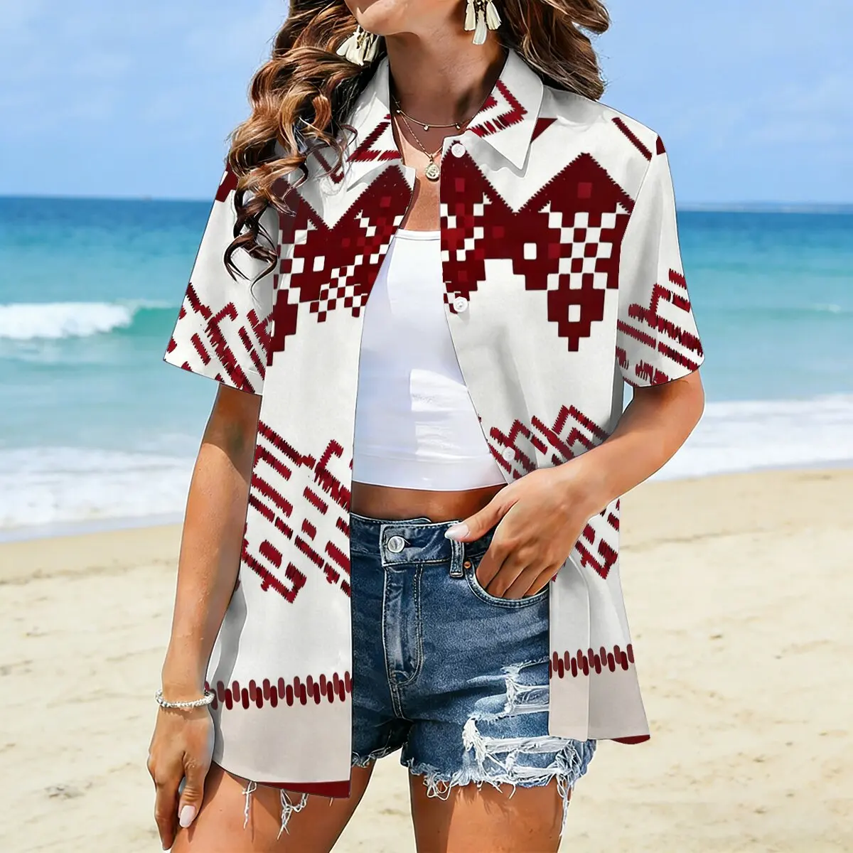 

Fashion plus-size women's short-sleeve lapel shirt, retro ethnic style, casual and literary, perfect for summer cool gatherings.