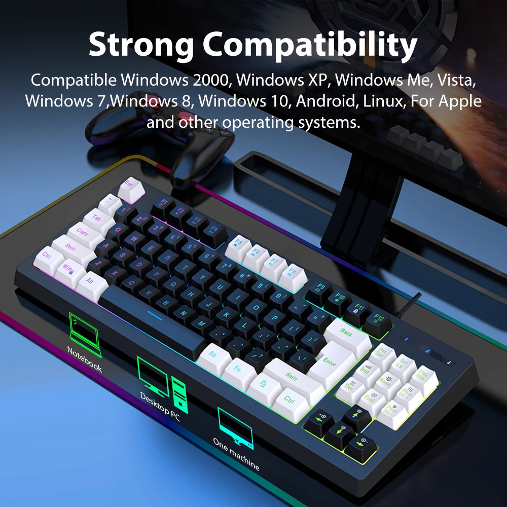 Membrane Keyboard For Desktop Computer Laptop Notebook PC Wired Gaming Keyboard 87 Keys RGB Office Game MechanicalFeel Keyboards