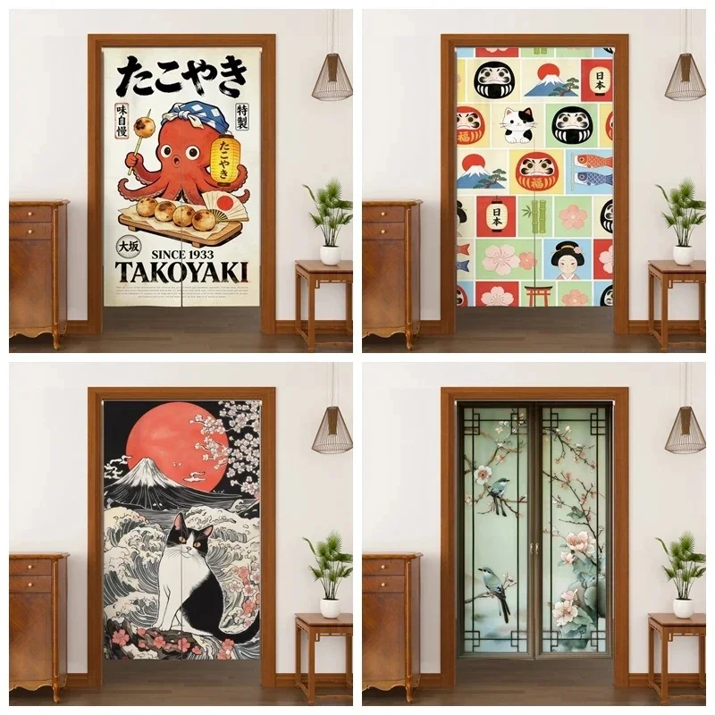 VIKAMA Japanese Style Noren Door Curtain Ukiyo-e Cat Mount Fuji Wave Sakura Print Fabric Room Divider Curtain for Home Decor
