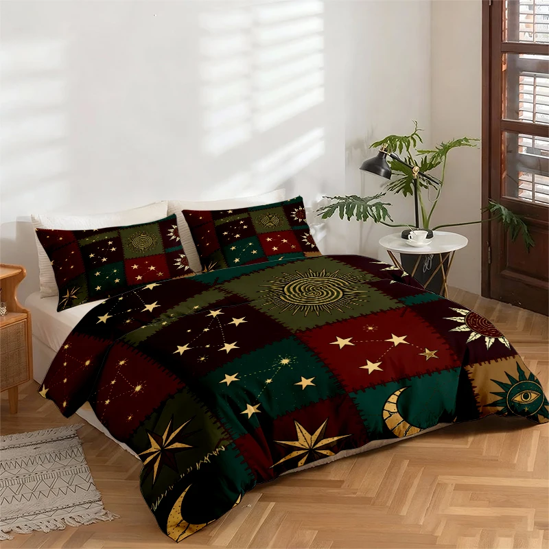 3-Piece Fabric Patchwork Bedding Set with Sun and Moon Print Pattern, 1 Duvet Cover + 2 Pillowcases, Gothic Sun and Moon Style High-Definition Digital Double-Sided Printed Duvet Cover Set, Unique Gift Idea, Holiday Bedroom Accessories Bedding Set, Suitable for Bedroom Home Bedding