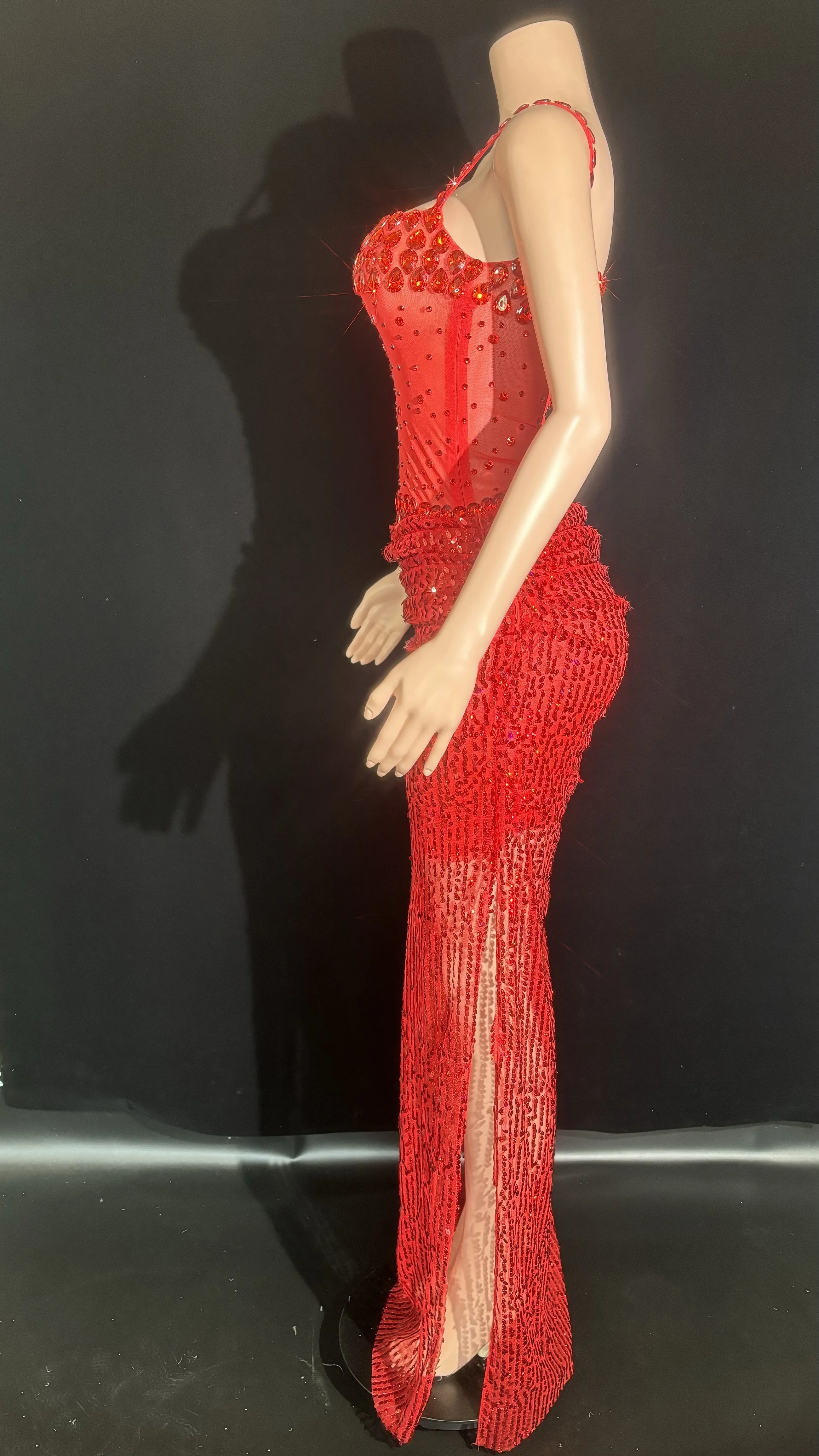 Sparkly Red Rhinestones 2-Pieces Sequins Long Dress Women Sexy Mesh See Through Celebrate Evening Prom Birthday Shoot Dress