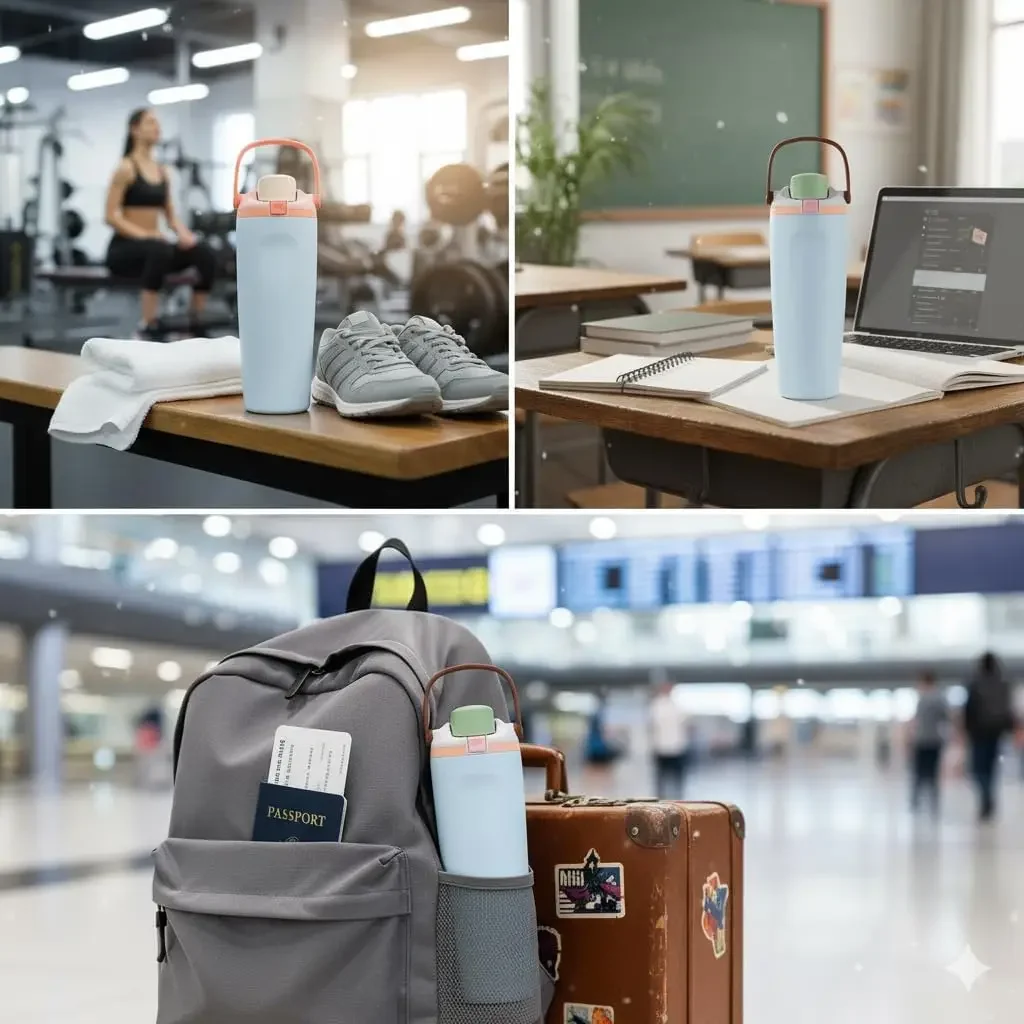 زجاجة مياه معزولة من الفولاذ المقاوم للصدأ مع صنبور ثنائي الاتجاه، ومقبض من القش والدلو، للسفر والمدرسة والرياضة، #5