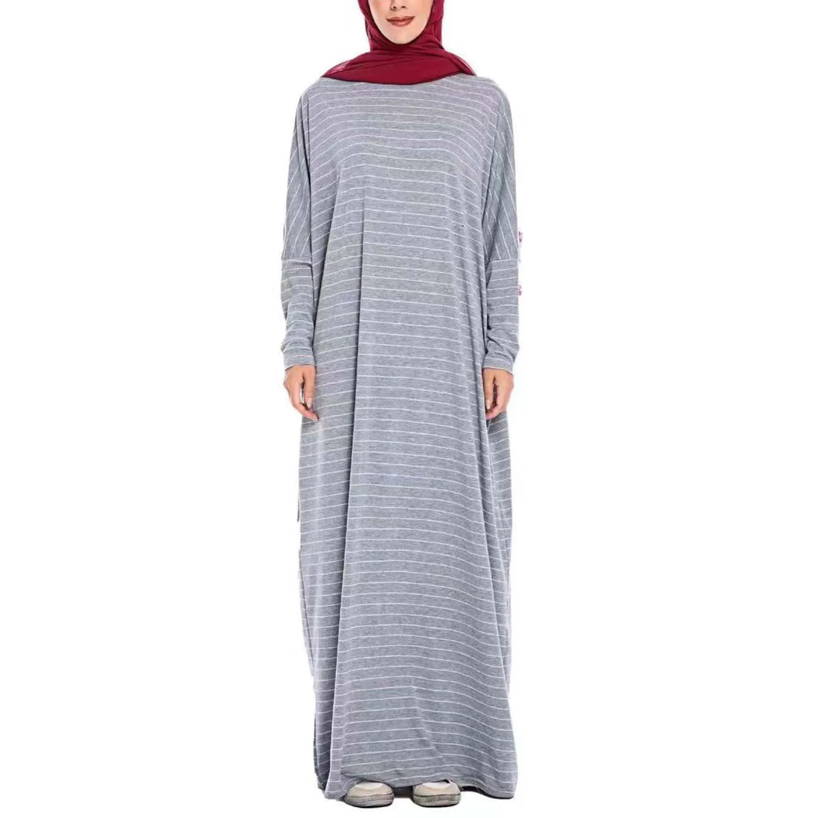 

Women's Casual Loose Long Sleeve Muslim Striped Dress Stripe Solid Loose Plus Size Comfy Crewneck Long Women's Muslim Dress