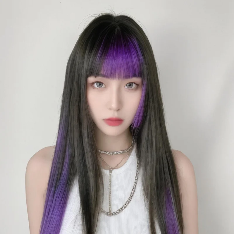 

Anime wig for women, gradient color straight air bangs, machine-woven full headpiece with highlights, long hair p