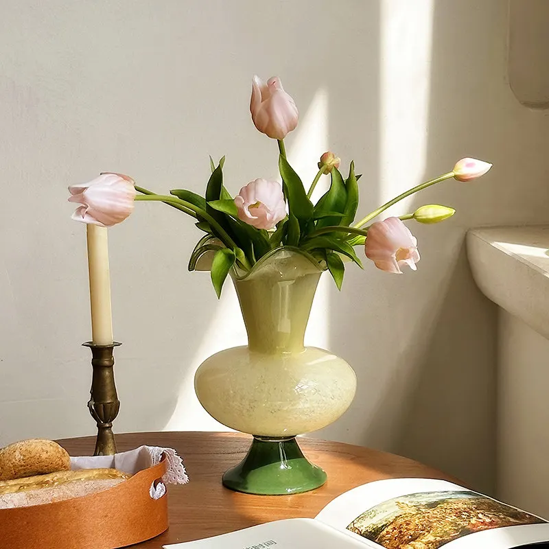 

Vase green glass medieval style grids french wavy lace retroartsy style flower arrangement living room decoration ornaments new