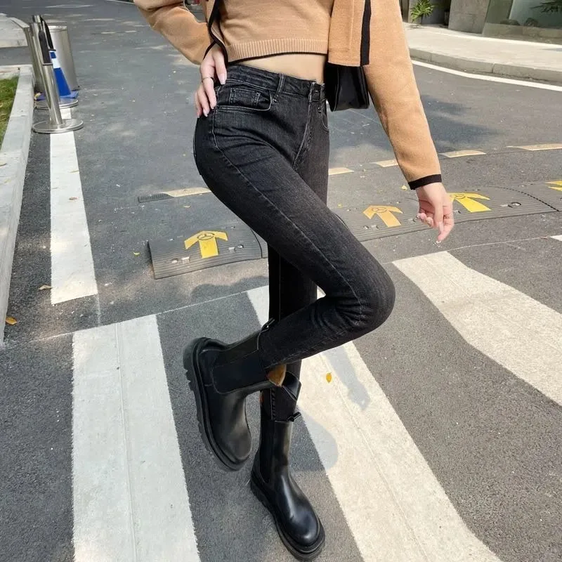 Skinny Pencil Jeans Women Velvet Thick Winter Thermal Autumn High Waist Chic Solid All-match Korean Streetwear Mujer New Female