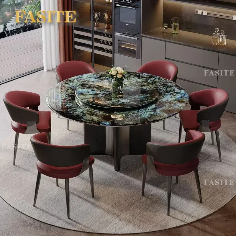 For Small Apartment Thick Marble Round Dining Table with Turntable Italian Light Luxury Modern Simple Household Furniture Set