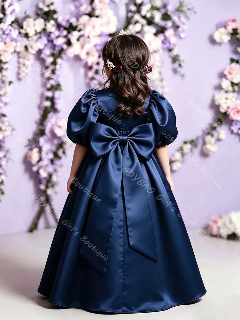 Vintage Girls Party Gown High Waist Balloon Sleeves Flower Girl Dress for Wedding Satin Pleated First Communion Dress Custom