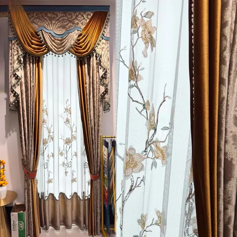 Chinese Retro Orange Gold Hot Stamping Jacquard Velvet Splicing Blackout Curtains for Living Room Bedroom Villa Customization