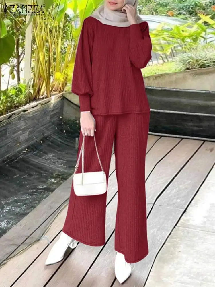 ZANZEA Ribbed Long Sleeve Tops 2-Piece Sets Fashion Muslim Hijab Solid Wide Leg Trouser Pant Sets Women Autumn 2024 2pcs Outfits