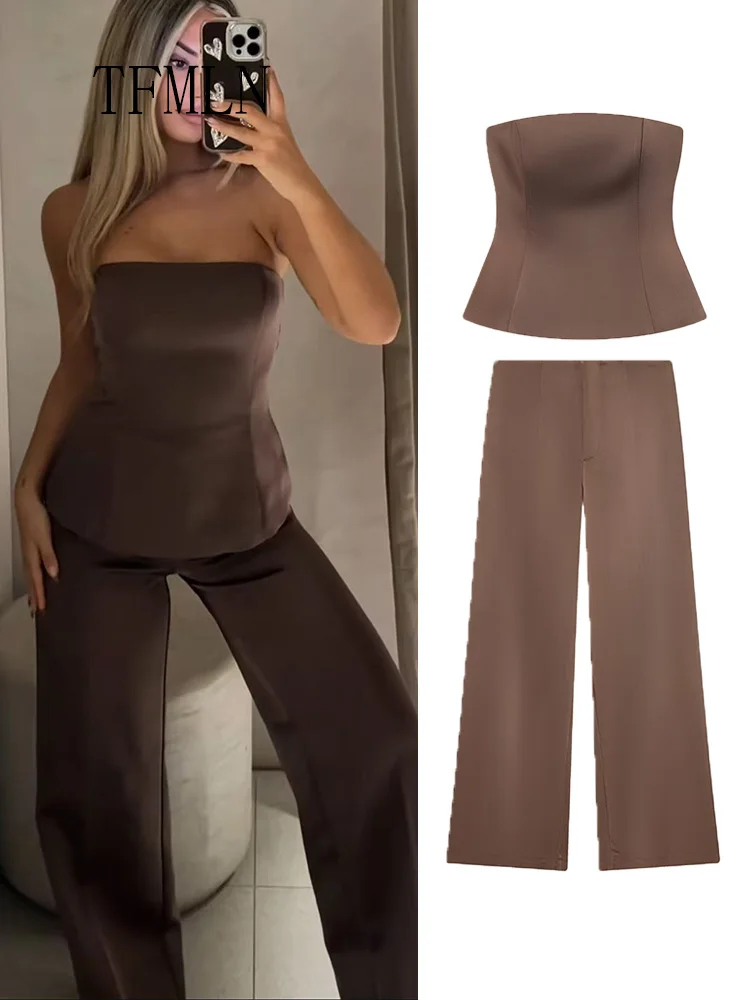 

TFMLN шикарные женские топы без бретелек, комплекты брюк, весна-лето 2026, топы без рукавов на молнии сзади, прямые брюки, повседневная одежда