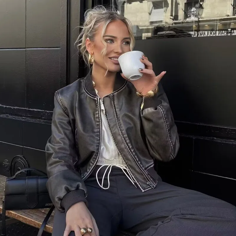 

Women Washed Leather Loose Jacket Retro Stand Collar Long Sleeves Zipper Pockets Short Coat Spring Locomotive Style Women's Coat