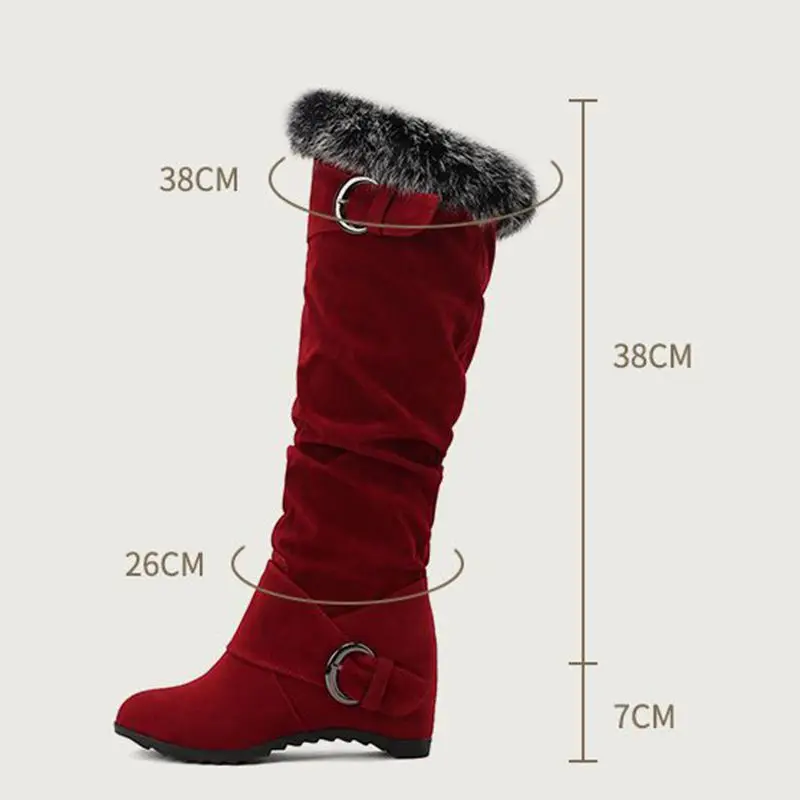 

ORCHA LISA Fashion Women's Knee High Boots Flock Suede Round Toe 7cm Wedge Heel Pleated Belt Buckle Large Size 43 Dating Booties