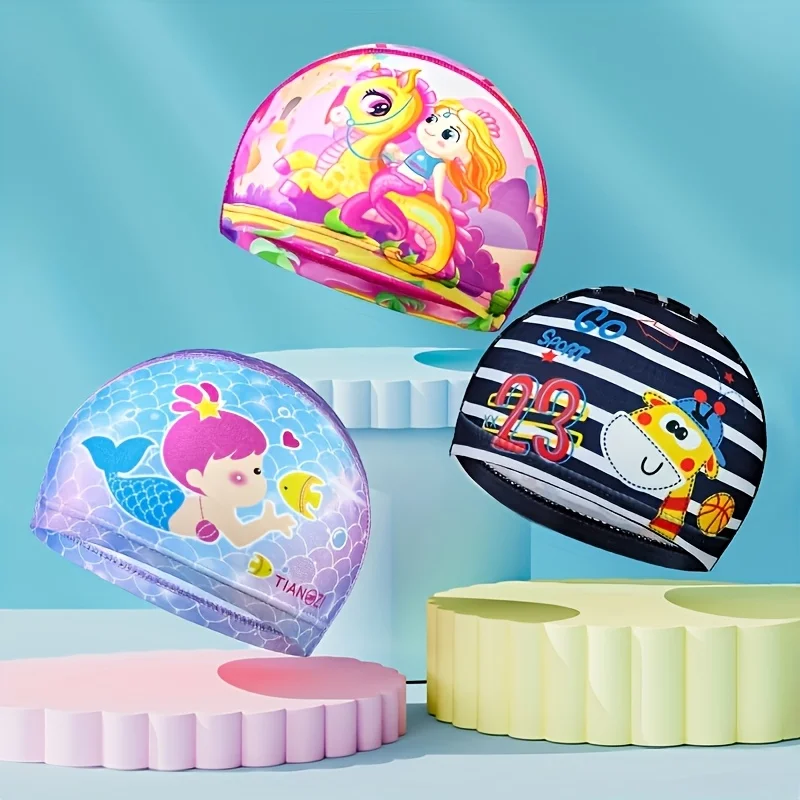 

Children's swimming caps for boys and girls, fabric printed, no-tightening swimming ear protection professional caps