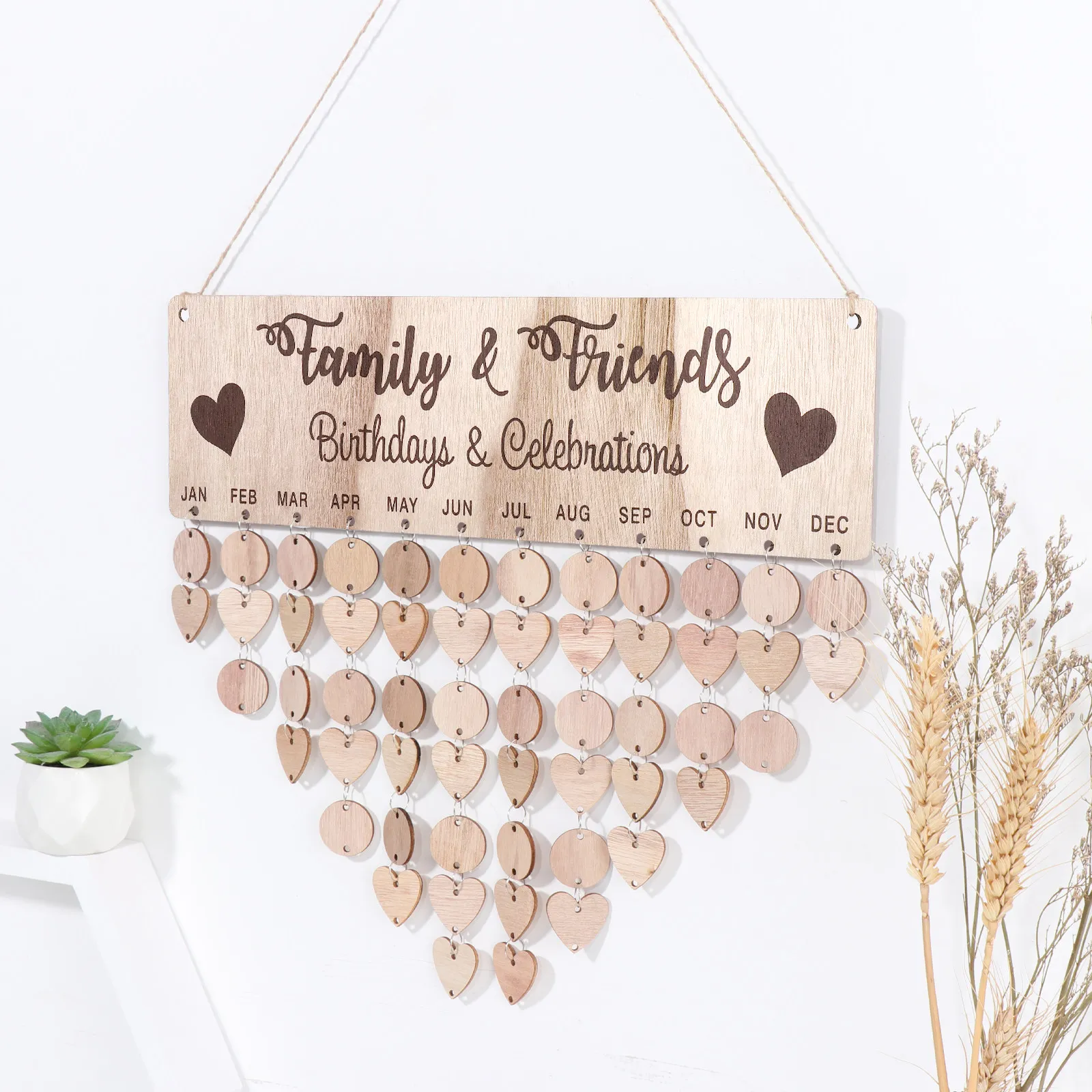 

Деревянный настенный календарь в стиле ретро, DIY, с датами, 12 месяцев, 50 круглых и 50 сердцевидных элементов, настенный декор для напоминаний о днях рождения и свадьбах