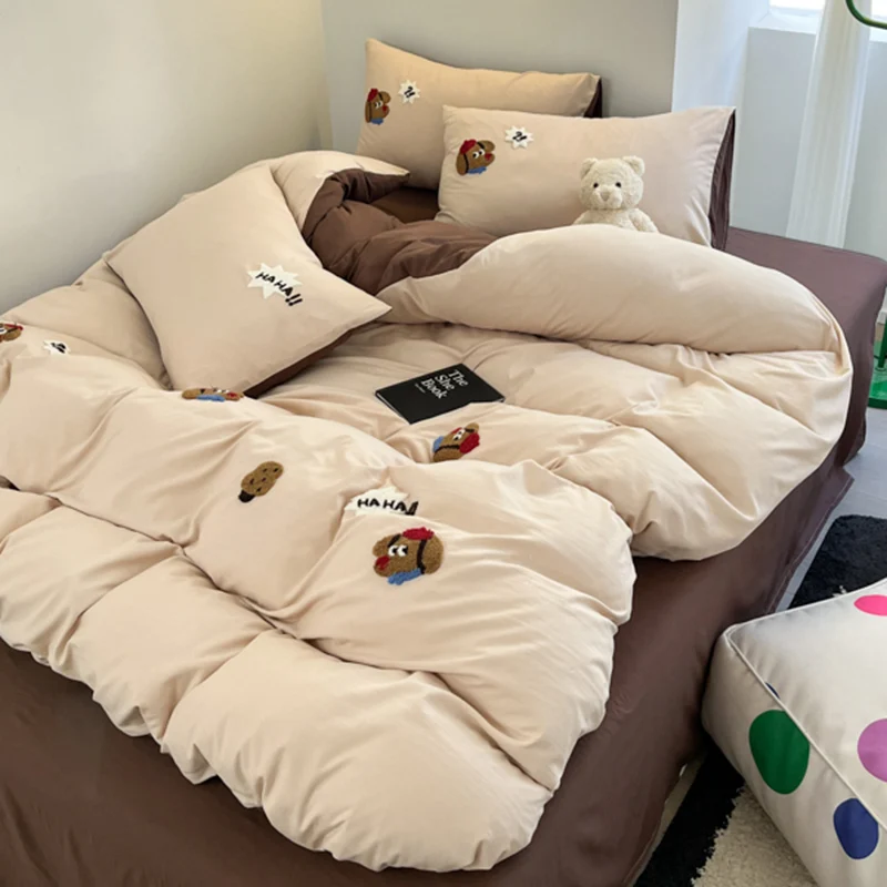 Cookie Dog Embroidery Bedding Set Twin Queen Duvet Cover Set Pillowcases for Adult Kids Bed Flat Sheet Cute Quilt Cover Kawaii