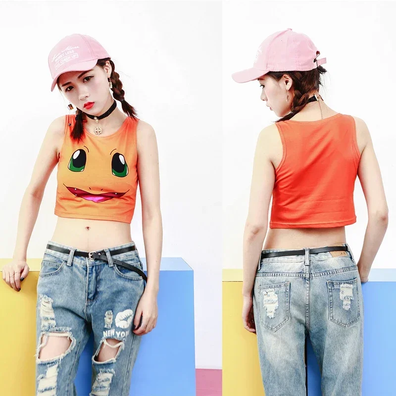 Pokemon Pikachu Camisole Summer Vest Women Cartoon Anime Clothes Casual Solid Color T-shirt Slim Top Sexy Crop Sleeveless Vest